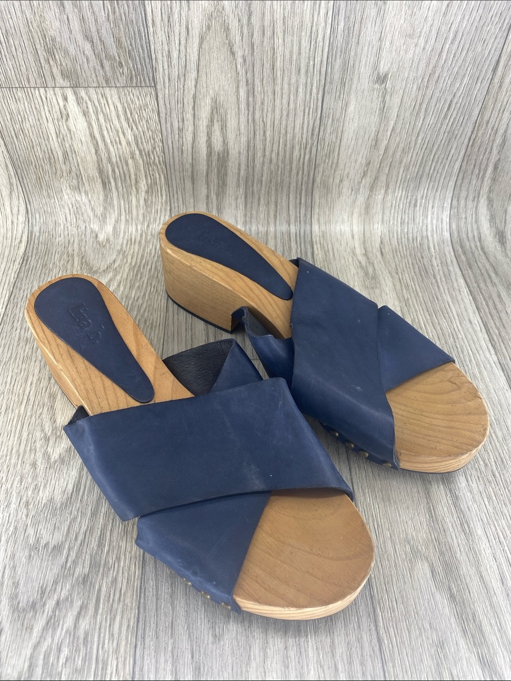Navy Leather Crossover Wood-Effect Slide Mules